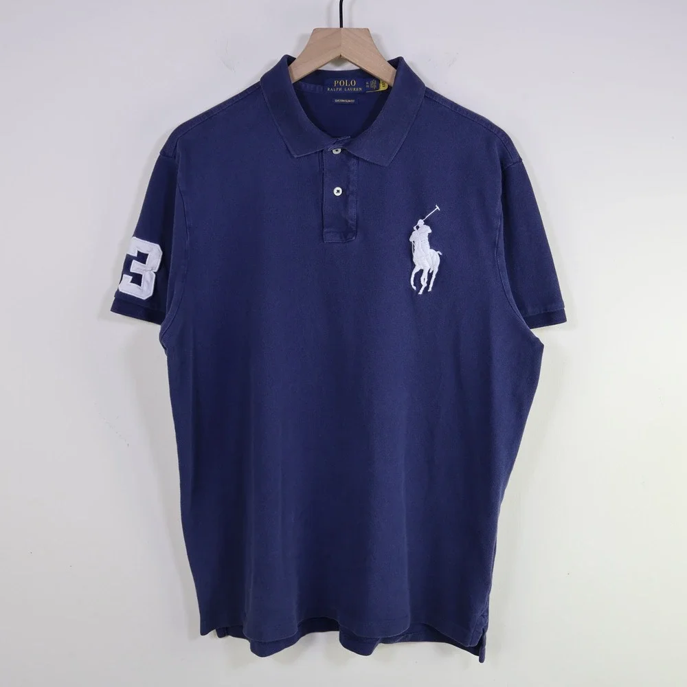 Polo Ralph Lauren Big Pony Custom Slim Fit Polo XL Navy Blue Cotton Mesh 3 Patch